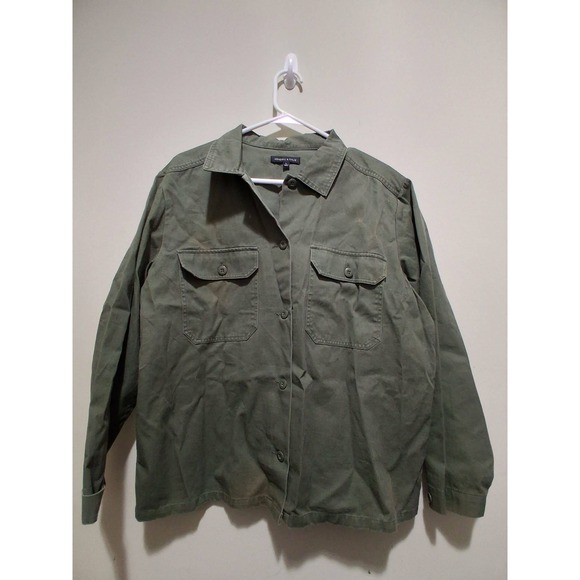Kendall & Kylie Jackets & Blazers - Kendall Kylie Utility Shirt Jacket Green Cotton Size L Button Front Long Sleeve‎